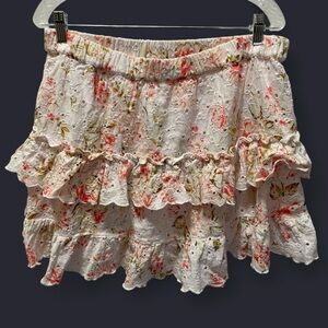 AE Eyelet Floral Ruffle Mini Skirt White Pink XL Women's Cottagecore